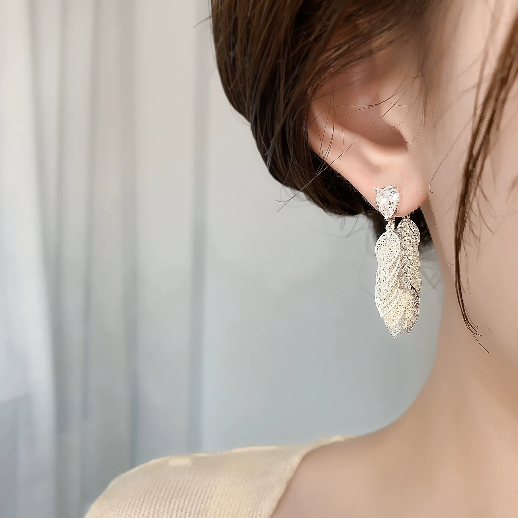Vintage Leaf Earrings with Silver Plating and Fringe Design