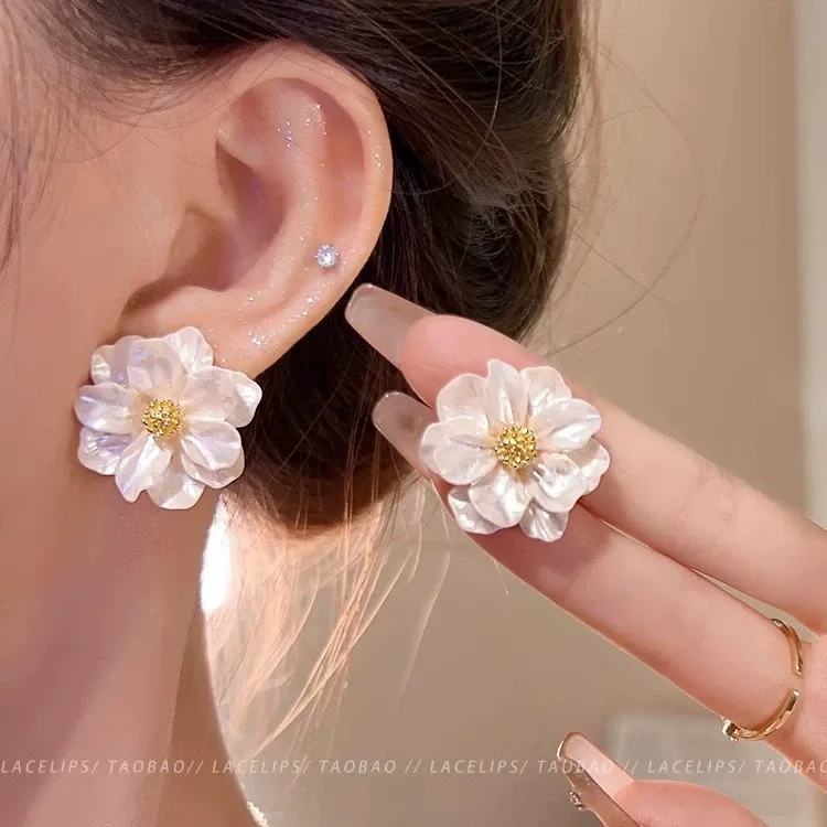 Super fairy camellia flower earrings for women high-end fashion all-match earrings