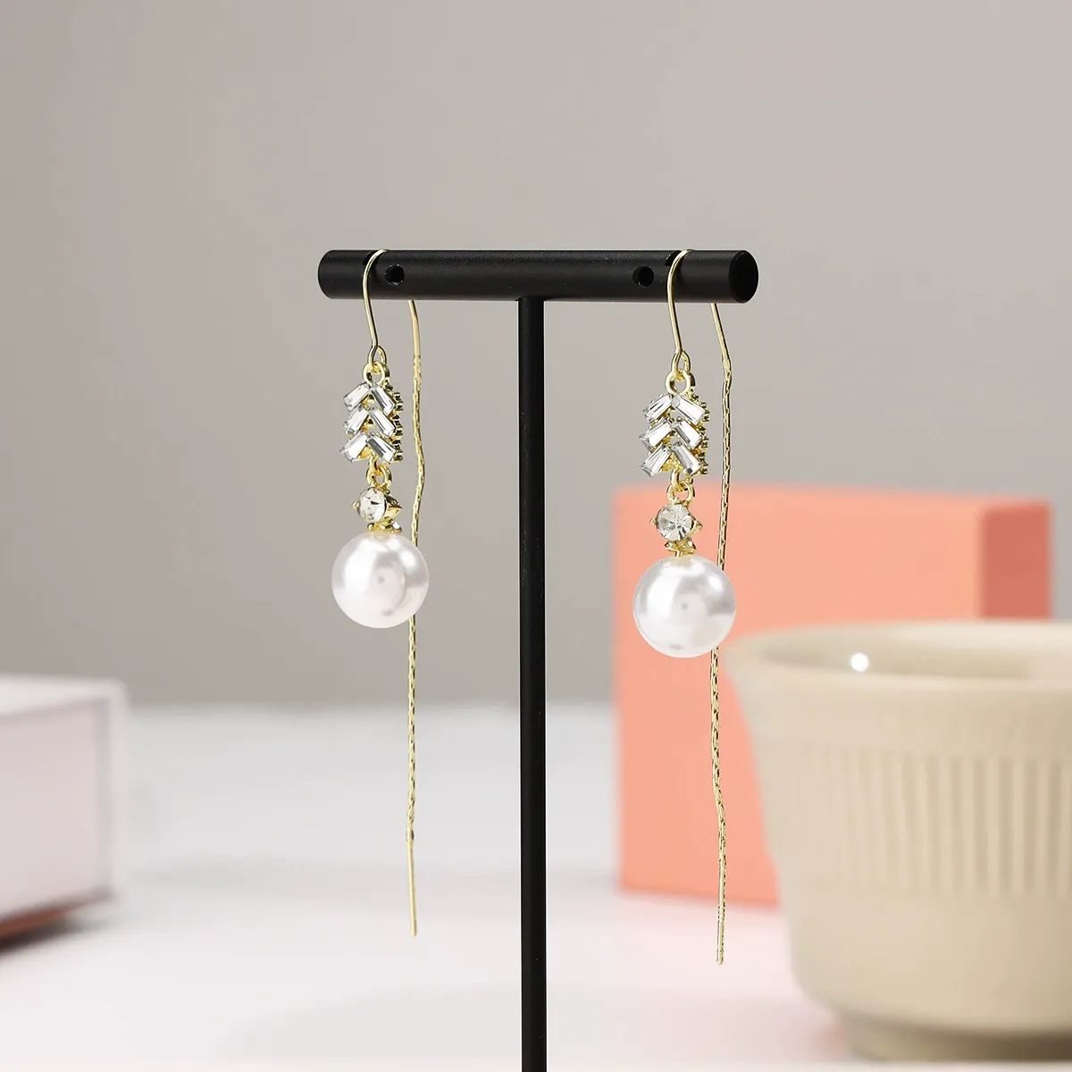 Boutique Micro-Paved Pearl Threader Earrings