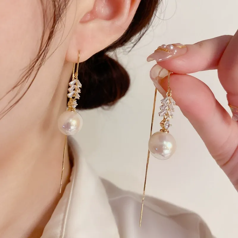 Boutique Micro-Paved Pearl Threader Earrings