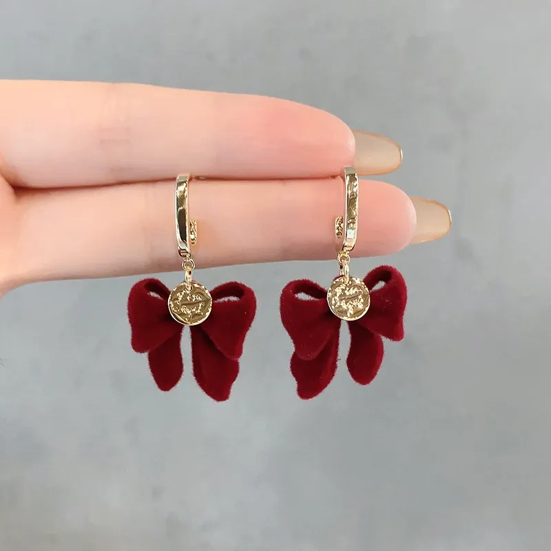 Red Plush Bow Earrings for Women – Elegant Drop Earrings with Unique Boutique Design, New Hot-Selling Style