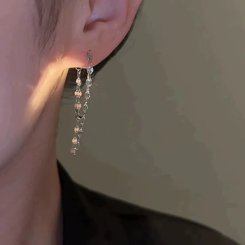 Tassel Double-Layer Chain Earrings for Women – Slimming Front-Back Design with Light Luxury and Elegant Style