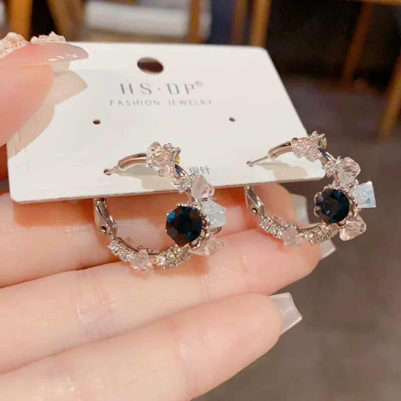 Floral Hoop Earrings – Light Luxury French-Style Flower Studs in Sea Blue and Champagne Colors, Reversible Design for Women