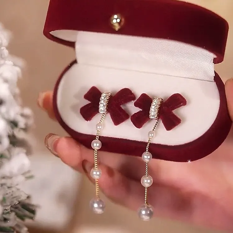 Petit Trianon Duo | Convertible Burgundy Velvet Bow & Pearl Earrings - Day-to-Soiree