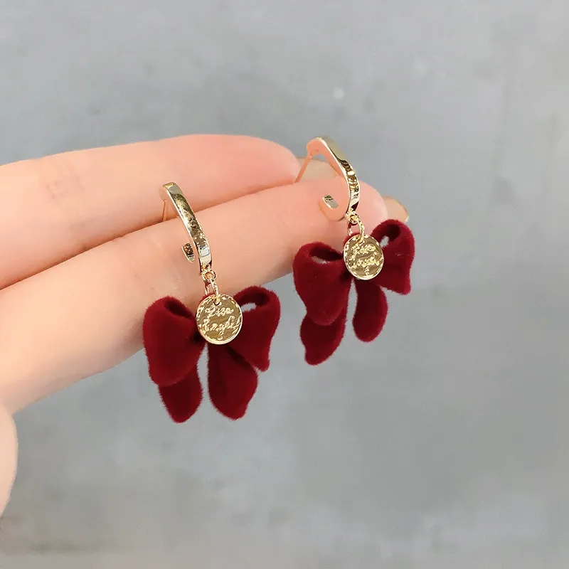 Red Plush Bow Earrings for Women – Elegant Drop Earrings with Unique Boutique Design, New Hot-Selling Style