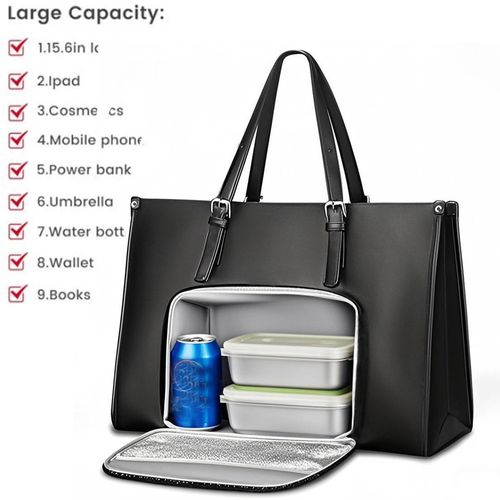 15.6-inch PU Laptop Briefcase with Insulated Lunch Compartment Zipper Closure Convenient Handbag for Work