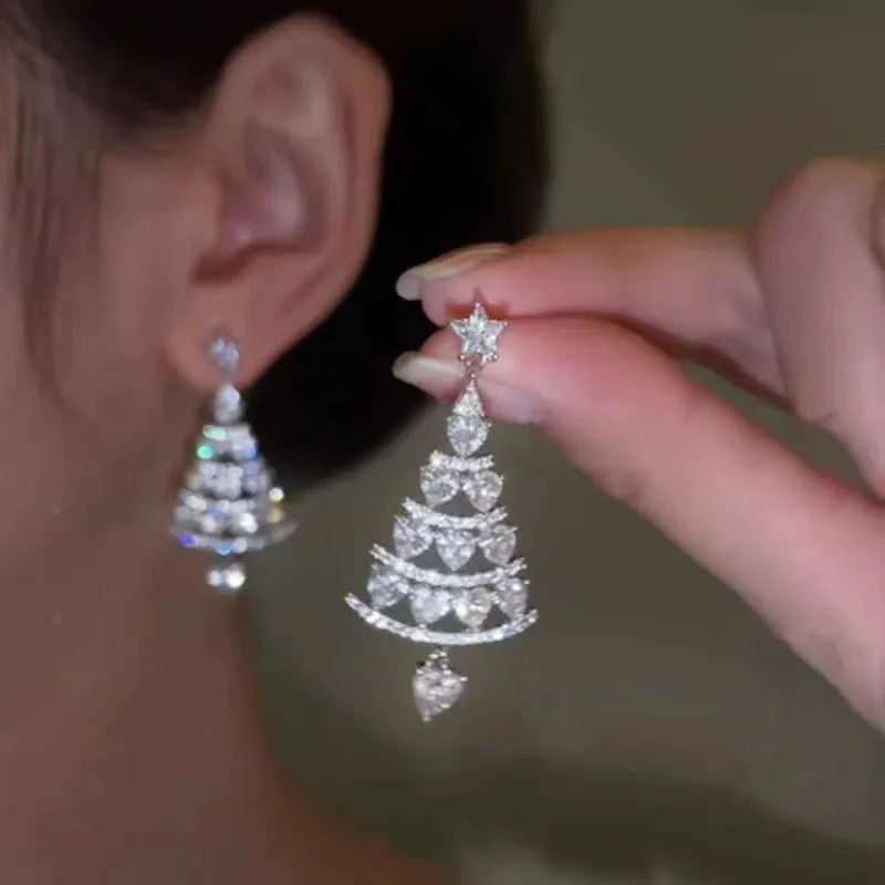 Christmas Tree Earrings for Women – 925 Silver Post Elegant Drop Design, Stylish and Face-Slimming Holiday Jewelry