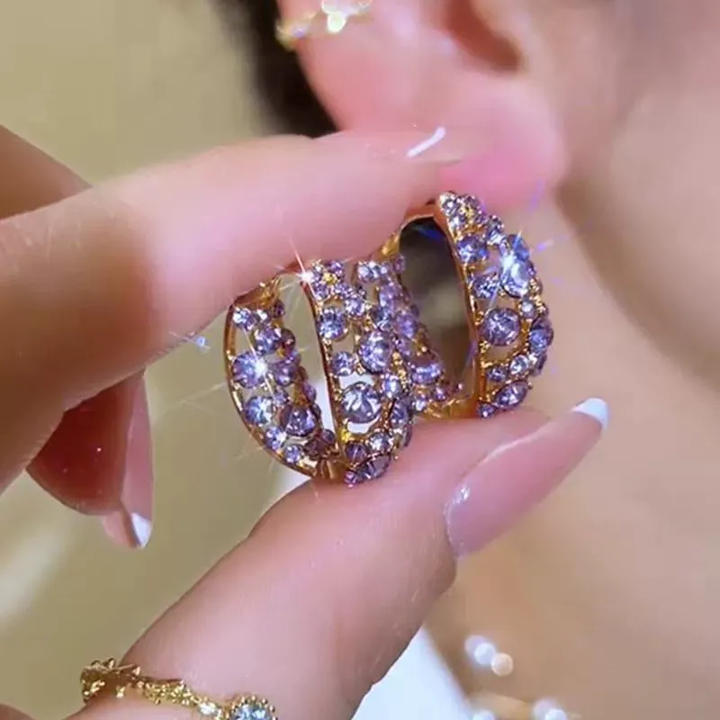 French-Inspired Purple Full Rhinestone Hoop Earrings – Exquisite and Trendy Light Luxury Statement Jewelry with Sparkling Design