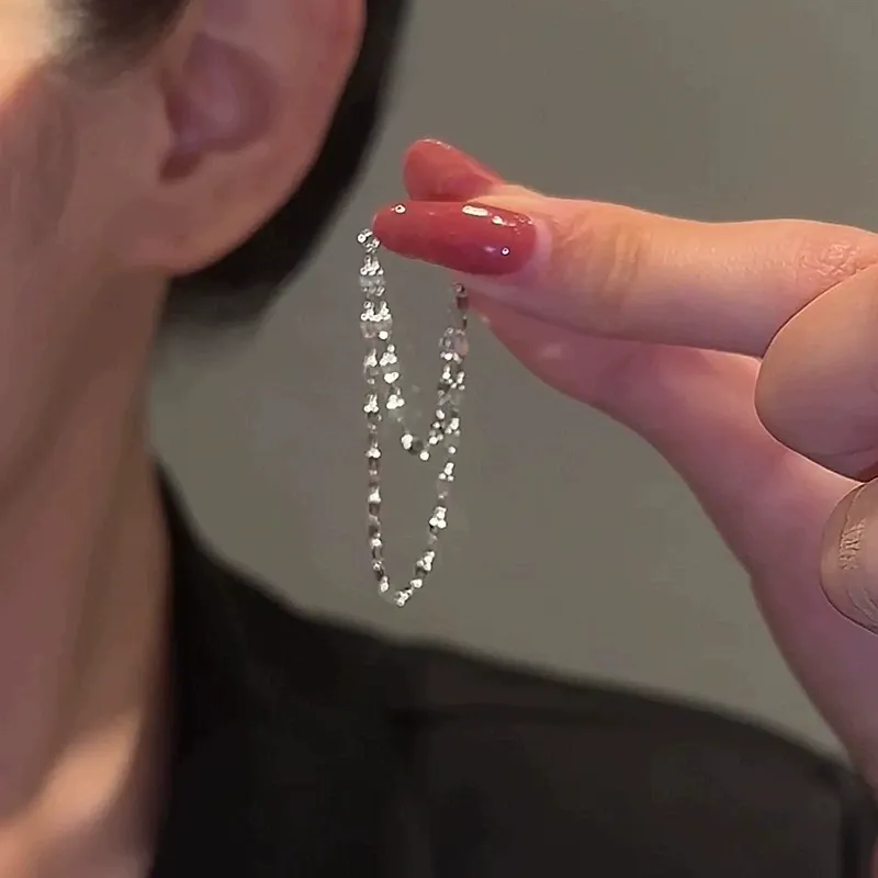 Tassel Double-Layer Chain Earrings for Women – Slimming Front-Back Design with Light Luxury and Elegant Style