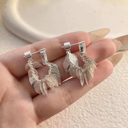 Vintage Leaf Earrings with Silver Plating and Fringe Design