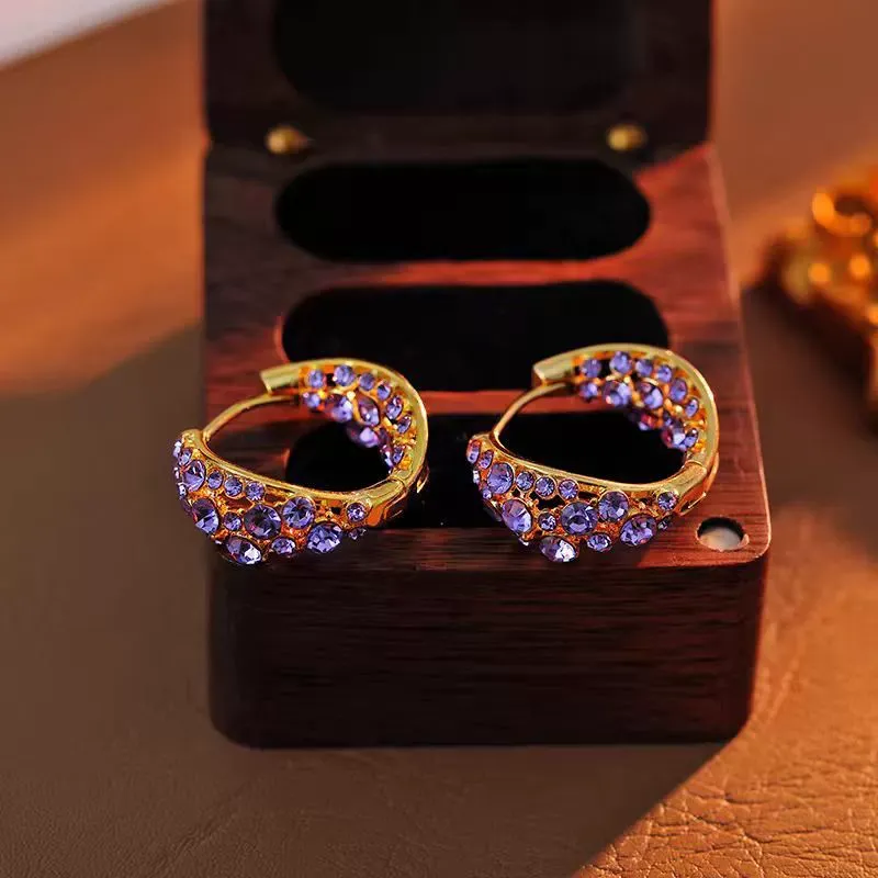 French-Inspired Purple Full Rhinestone Hoop Earrings – Exquisite and Trendy Light Luxury Statement Jewelry with Sparkling Design
