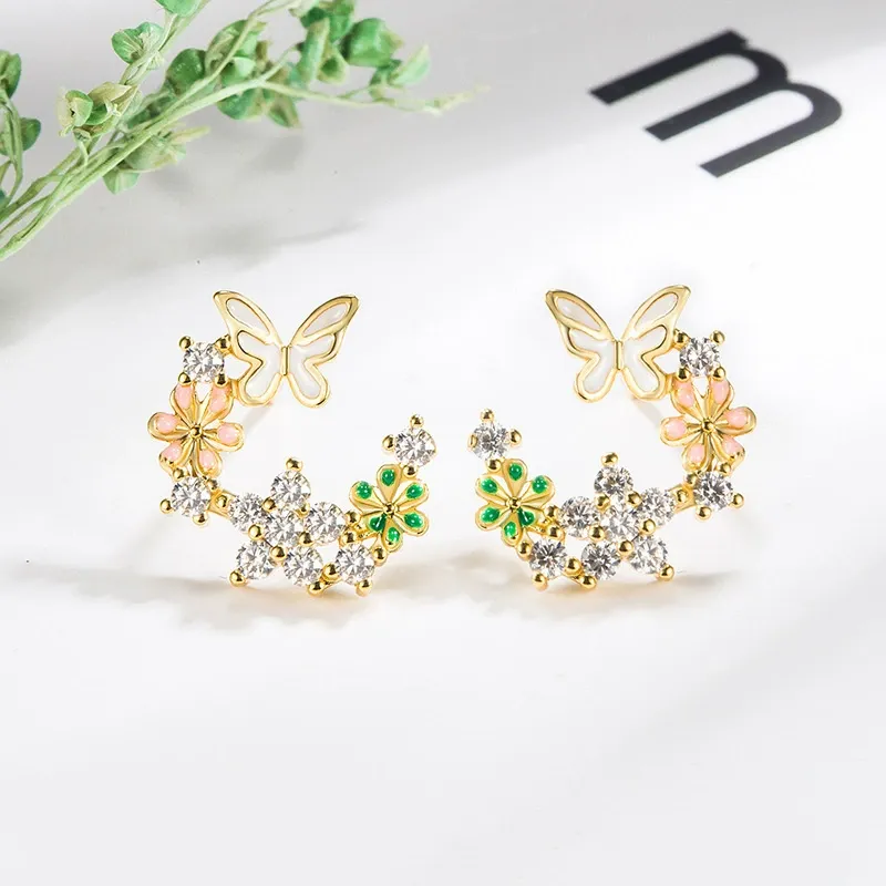 925 Silver Post Crystal Flower and Butterfly Wreath Earrings – Fairycore Fresh and Elegant Style