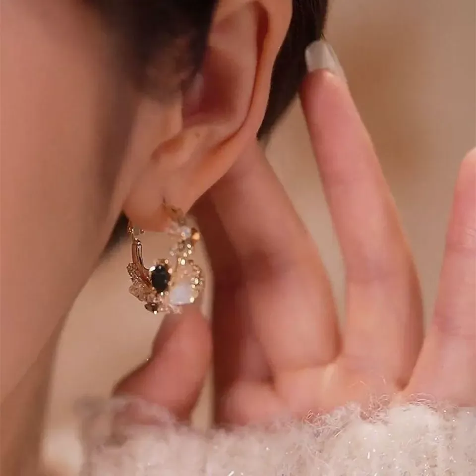 Floral Hoop Earrings – Light Luxury French-Style Flower Studs in Sea Blue and Champagne Colors, Reversible Design for Women