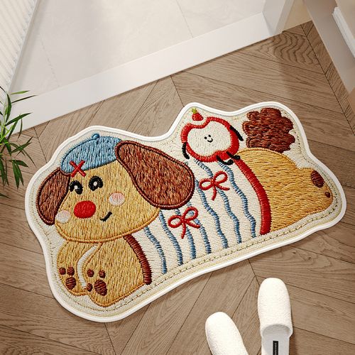 Absorbent Anti-Slip Bathroom Floor Mat - Woven, Animal Print Cartoon Design, for Home Use