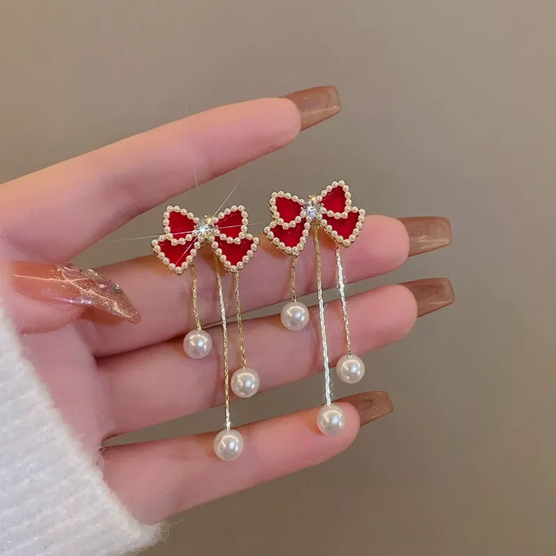 New Red Bow Pearl Earrings for Women – Chic and Elegant Studs with Unique Boutique Design