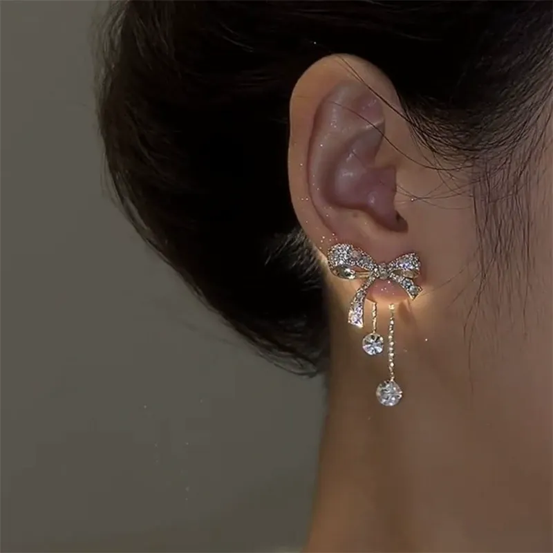 Elegant Full Rhinestone Bow Earrings – Light Luxury Long Tassel Drop Design with Graceful Style