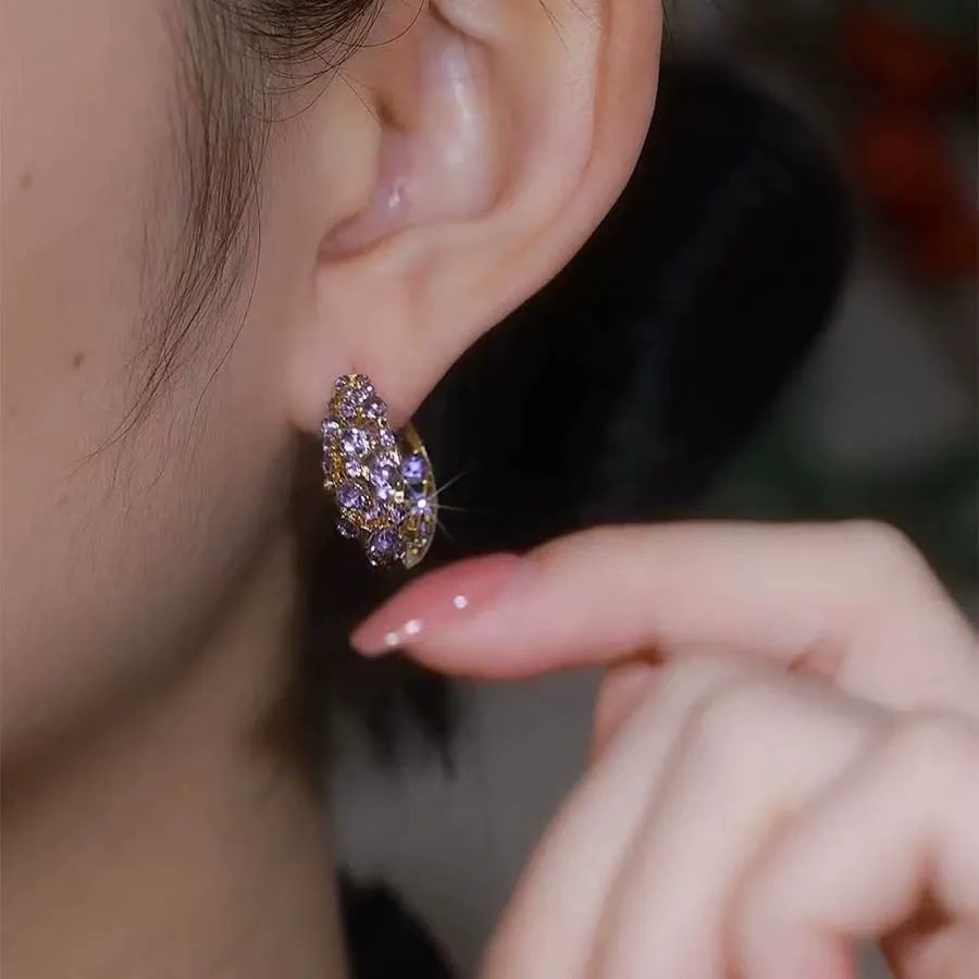 French-Inspired Purple Full Rhinestone Hoop Earrings – Exquisite and Trendy Light Luxury Statement Jewelry with Sparkling Design