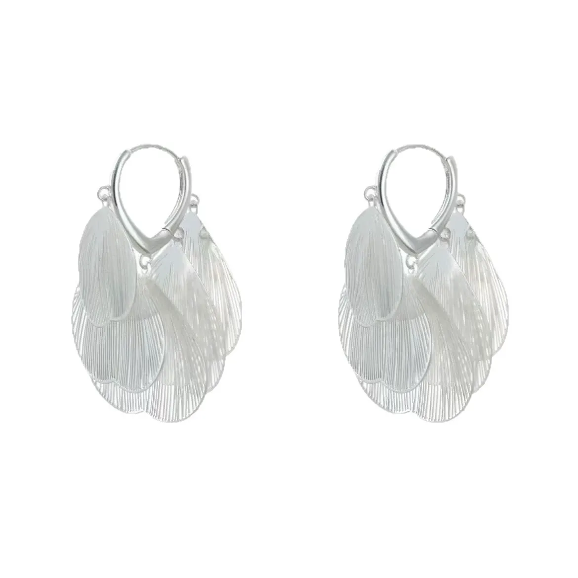 Hollow Butterfly Wing Tassel Silver Petal Clip-On Earrings