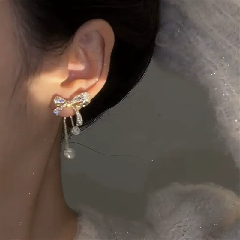 Elegant Full Rhinestone Bow Earrings – Light Luxury Long Tassel Drop Design with Graceful Style