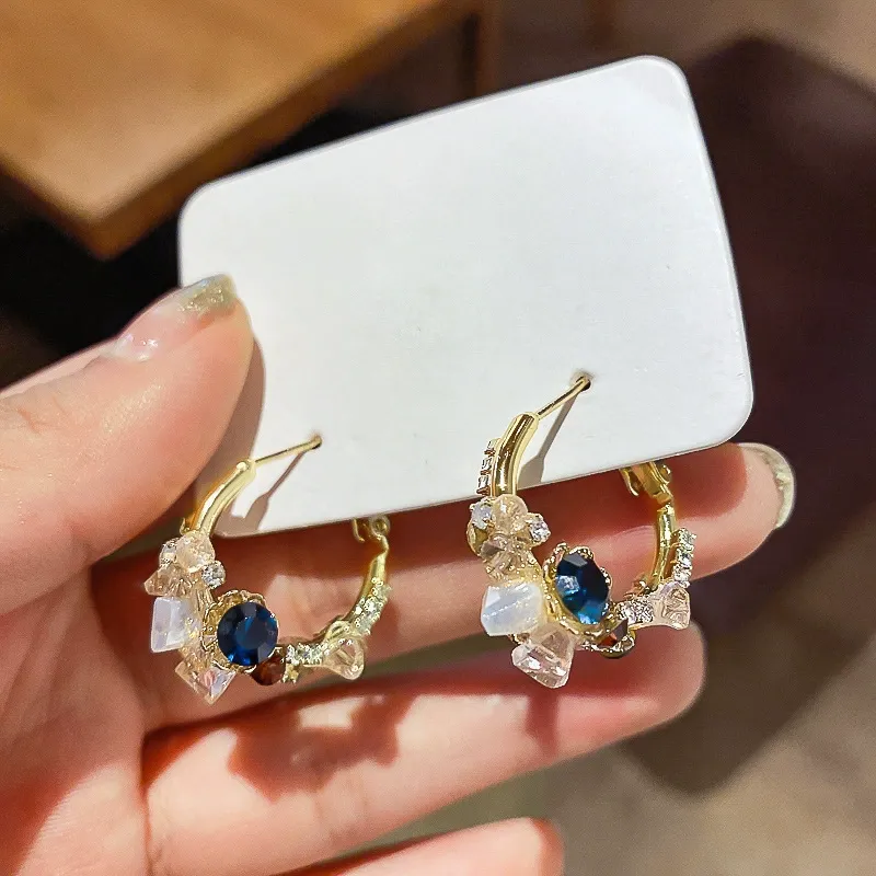 Floral Hoop Earrings – Light Luxury French-Style Flower Studs in Sea Blue and Champagne Colors, Reversible Design for Women