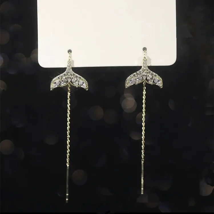 Hot‑Selling Micro‑Paved Zircon Fish‑Tail Threader Earrings for Women – Minimalist Fashion Light Luxury Style