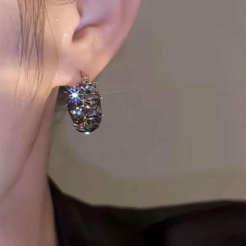 Light Luxury Gray Crystal Hoop Earrings for Women – Minimalist Fashion Versatile Ear Hoops with Cool Style and Elegant Vibe