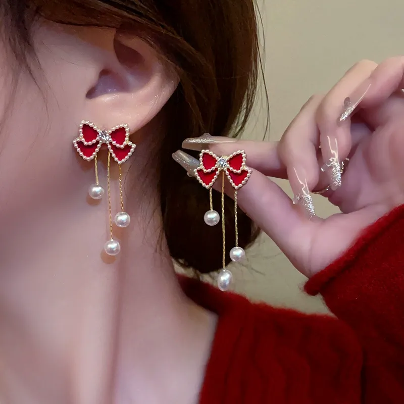 New Red Bow Pearl Earrings for Women – Chic and Elegant Studs with Unique Boutique Design