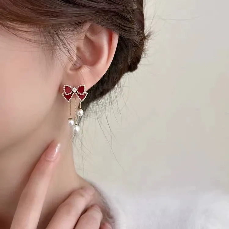 New Red Bow Pearl Earrings for Women – Chic and Elegant Studs with Unique Boutique Design
