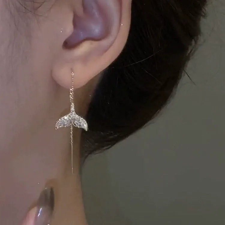 Hot‑Selling Micro‑Paved Zircon Fish‑Tail Threader Earrings for Women – Minimalist Fashion Light Luxury Style