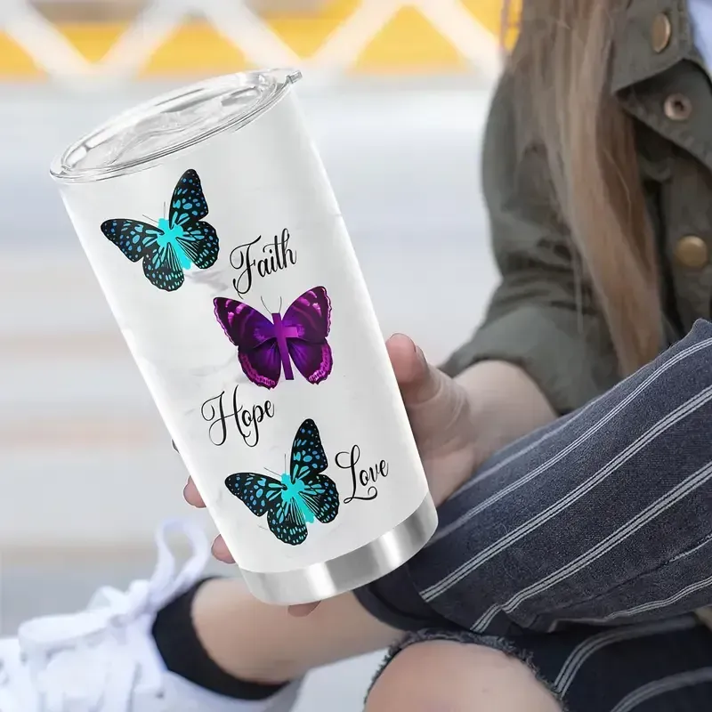 1pc Butterfly Printed 20oz Stainless Steel Tumbler, Double Wall Vacuum Insulated Travel Mug with Lid, Reusable, BPA-Free, Hand Wash Only, Animal Theme, with Lid for Adults, Ideal for Holidays - Easter, Halloween, Christmas, Hanukkah, Thanksgiving