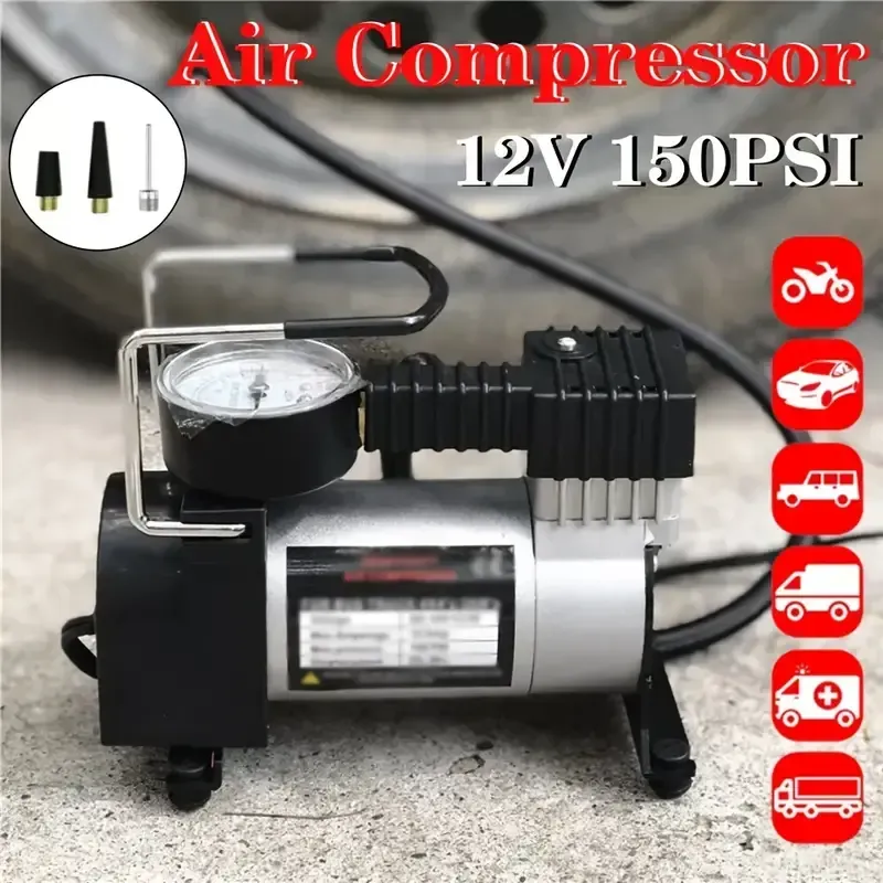 12V 150 Psi Deluxe Portable Metal Car Tire Inflator - Heavy-Duty, Fast Inflation, Compact Design, Easy to Use, Ideal for Cars, Trucks, SUVs, and Bicycles