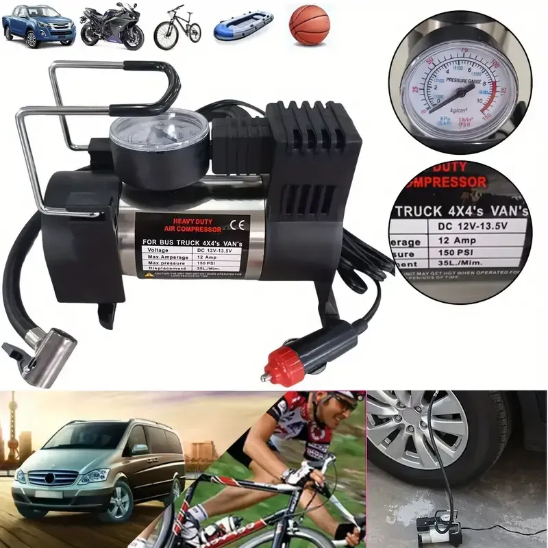 12V 150 Psi Deluxe Portable Metal Car Tire Inflator - Heavy-Duty, Fast Inflation, Compact Design, Easy to Use, Ideal for Cars, Trucks, SUVs, and Bicycles