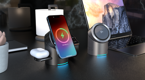 MagSafe magnetic three - in - one wireless charger, a fast - charging stand for mobile phones. It can rotate and serves as a desktop charging station.