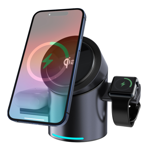 MagSafe magnetic three - in - one wireless charger, a fast - charging stand for mobile phones. It can rotate and serves as a desktop charging station.