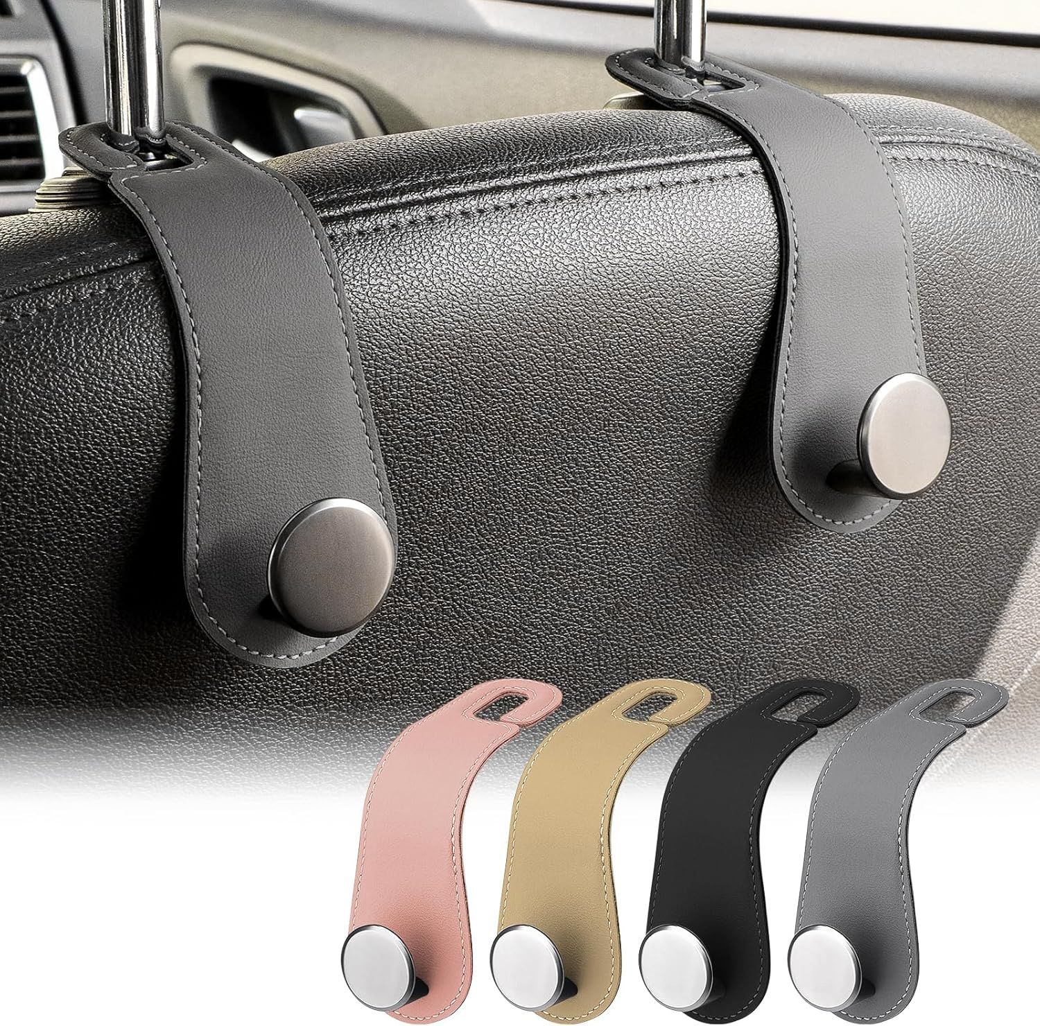 JESTOP Car Headrest Hooks, 2 Pack Leather Car Seat Storage Hanger for Purses Bags, Stylish Car Seat Organizer Hooks for Handbag Coat Umbrellas, Car Inside Accessories, Gray