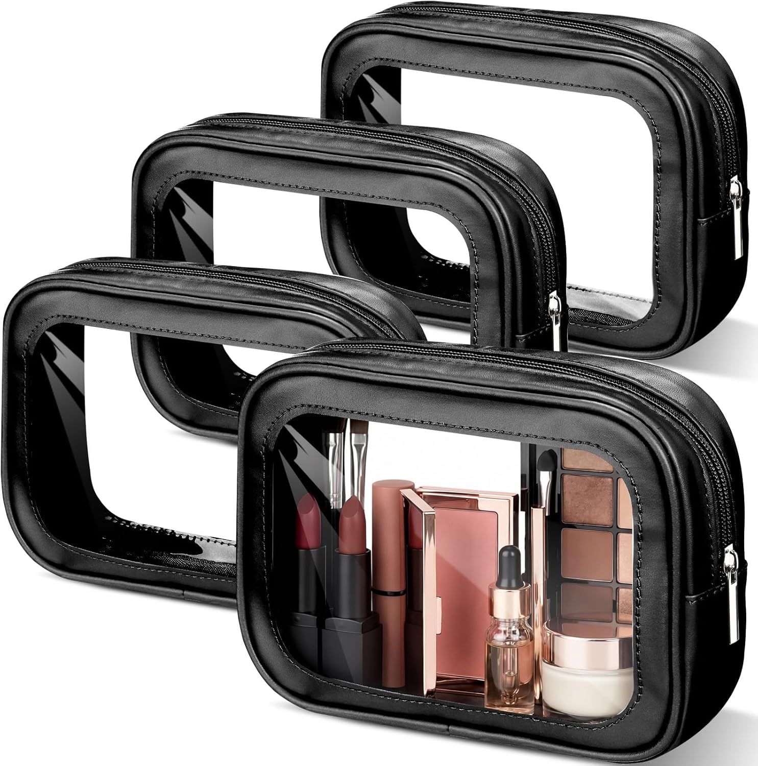 Abbylike 4 Pcs Clear Makeup Bag PU Leather Tsa Approved Toiletry Bag with Zipper Transparent Cosmetic Bags Travel Car Clear Organizer Bags for Women and Girls Gift(Black)