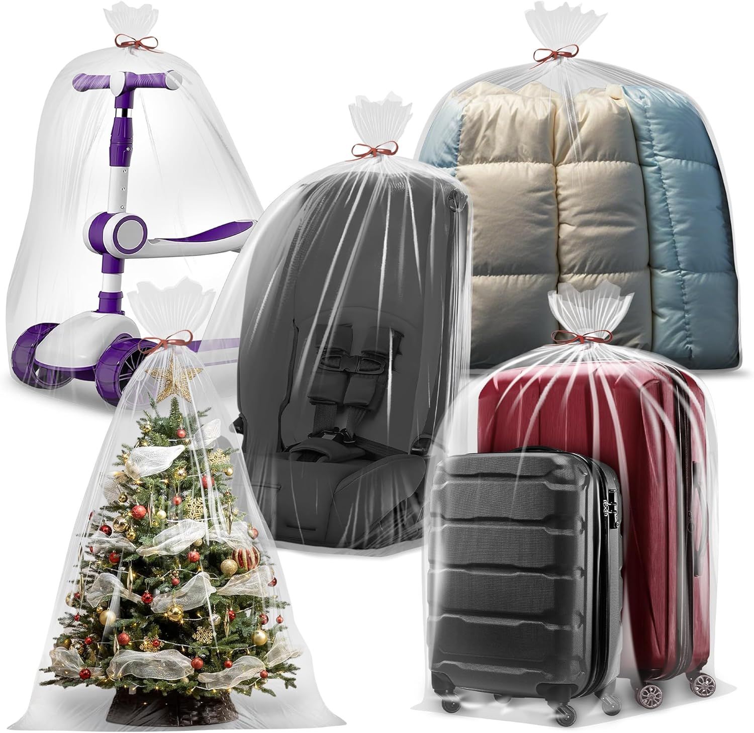 Extra Large Clear Plastic furniture Bags, 2 Mil Storage Bags Ideal for Car Seats, Suitcases, Strollers, Small Bikes, Attic Storage, Clothes, Xmas Trees, 5 Pack with 5 Ties, 40'' x 58''