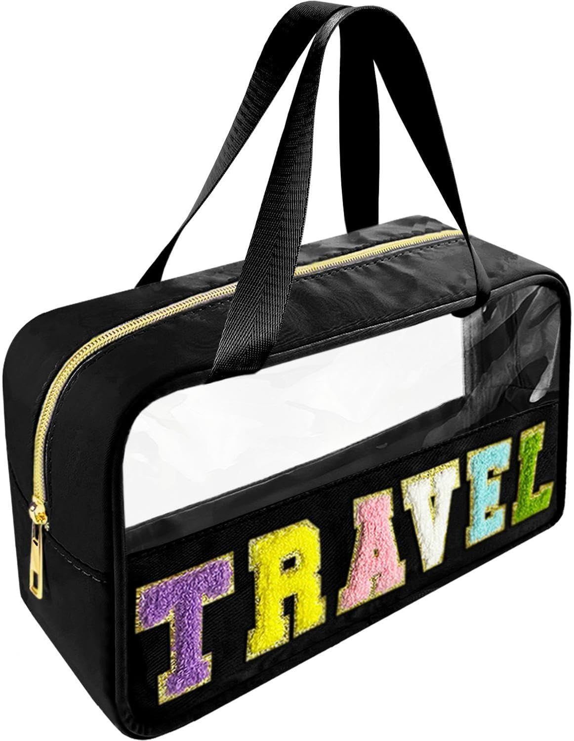 Chenille Letter Clear Makeup Bag Travel Patch, Travel Toiletry Makeup Bag with Handle, Nylon Waterproof Makeup Bags clear cosmetic bag, preppy patch makeup bag for Women (TRAVEL-Black)