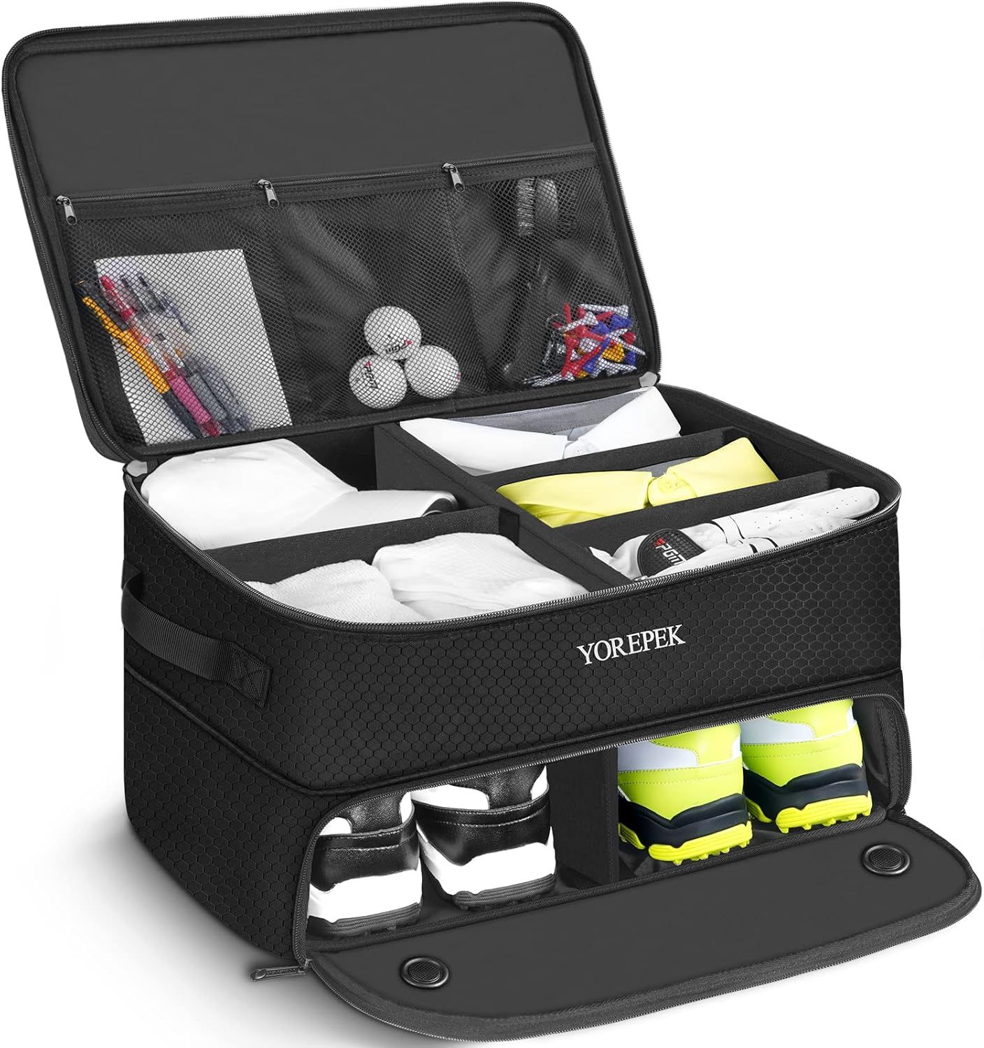 YOREPEK 2 Layer Golf Trunk Organizer, Golf Gifts for Men with Separate Ventilated Compartment for 2 Pair Shoes, Waterproof Car Trunk Locker for Balls, Tees, Clothes, Gloves, Gifts for Golfers