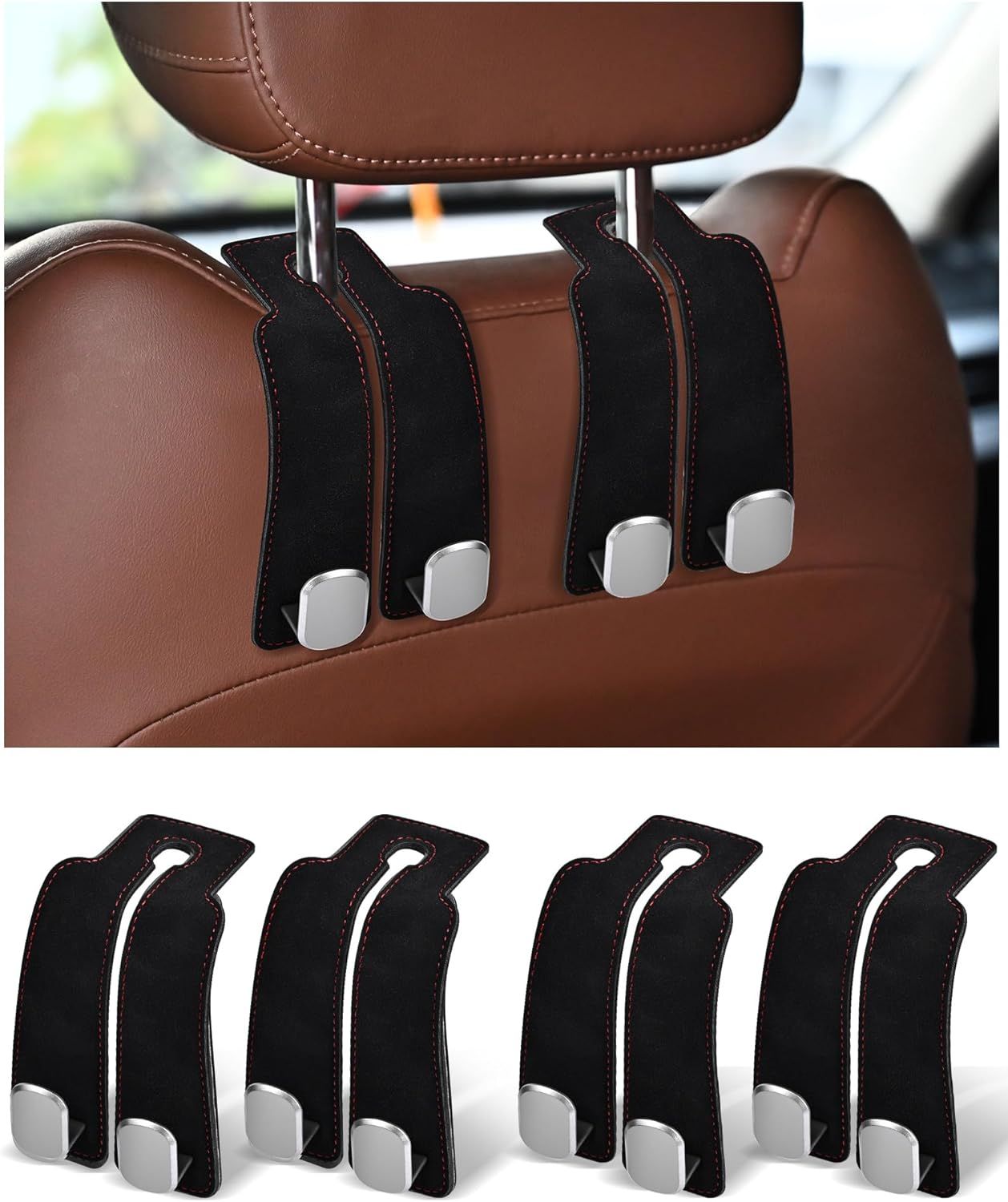 Headrest Hooks for Car, 4 Pack Car Seat Back Organizer Storage Hook, Double Hook Car Seat Hooks for Hanger Purses and Bags, Leather Purse Holder for Car, Black