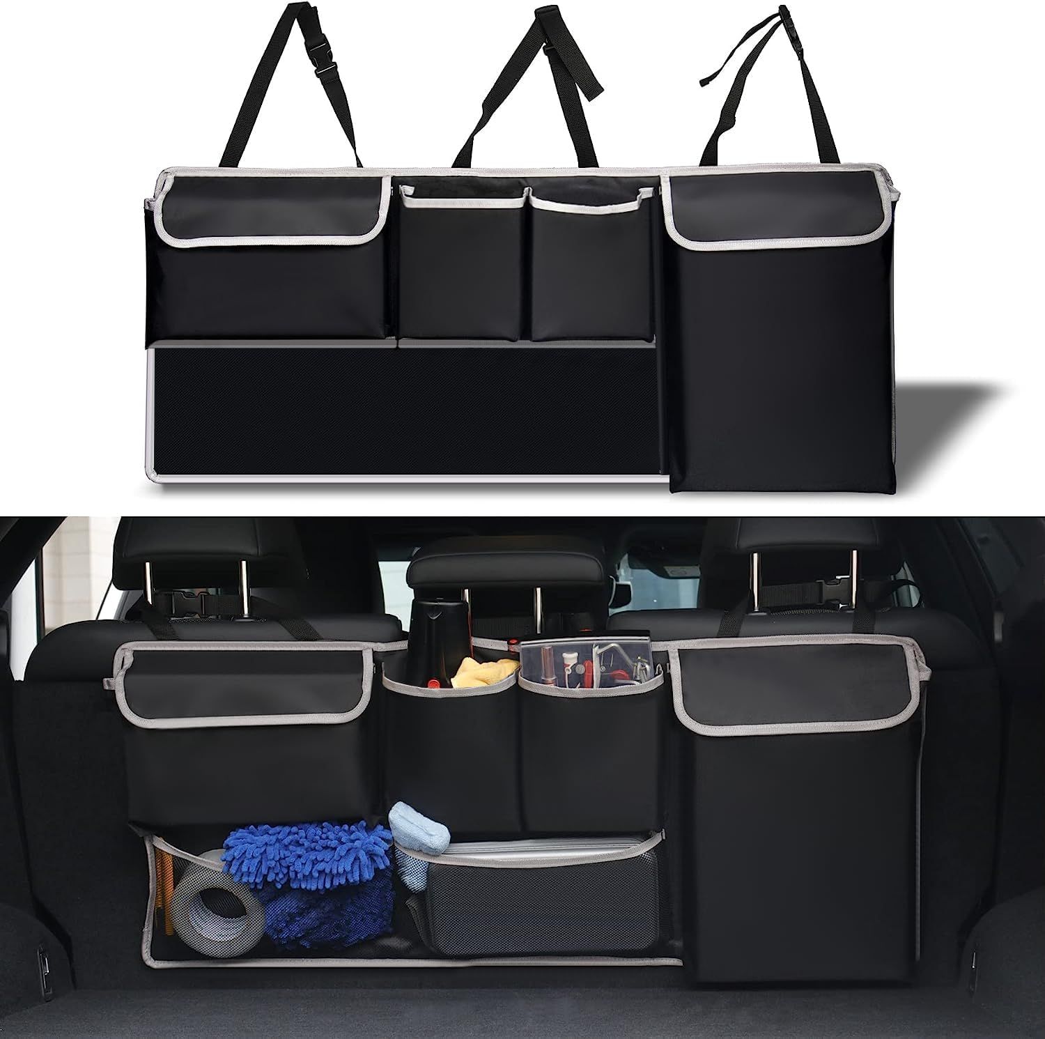 UYYE Trunk Hanging Organizer, Backseat Bag, Car Interior Accessories with 4 Pockets & 2 Mesh Pouches for Groceries, Will Provide More Storage Trunk Space for SUV, Jeep, MPVs