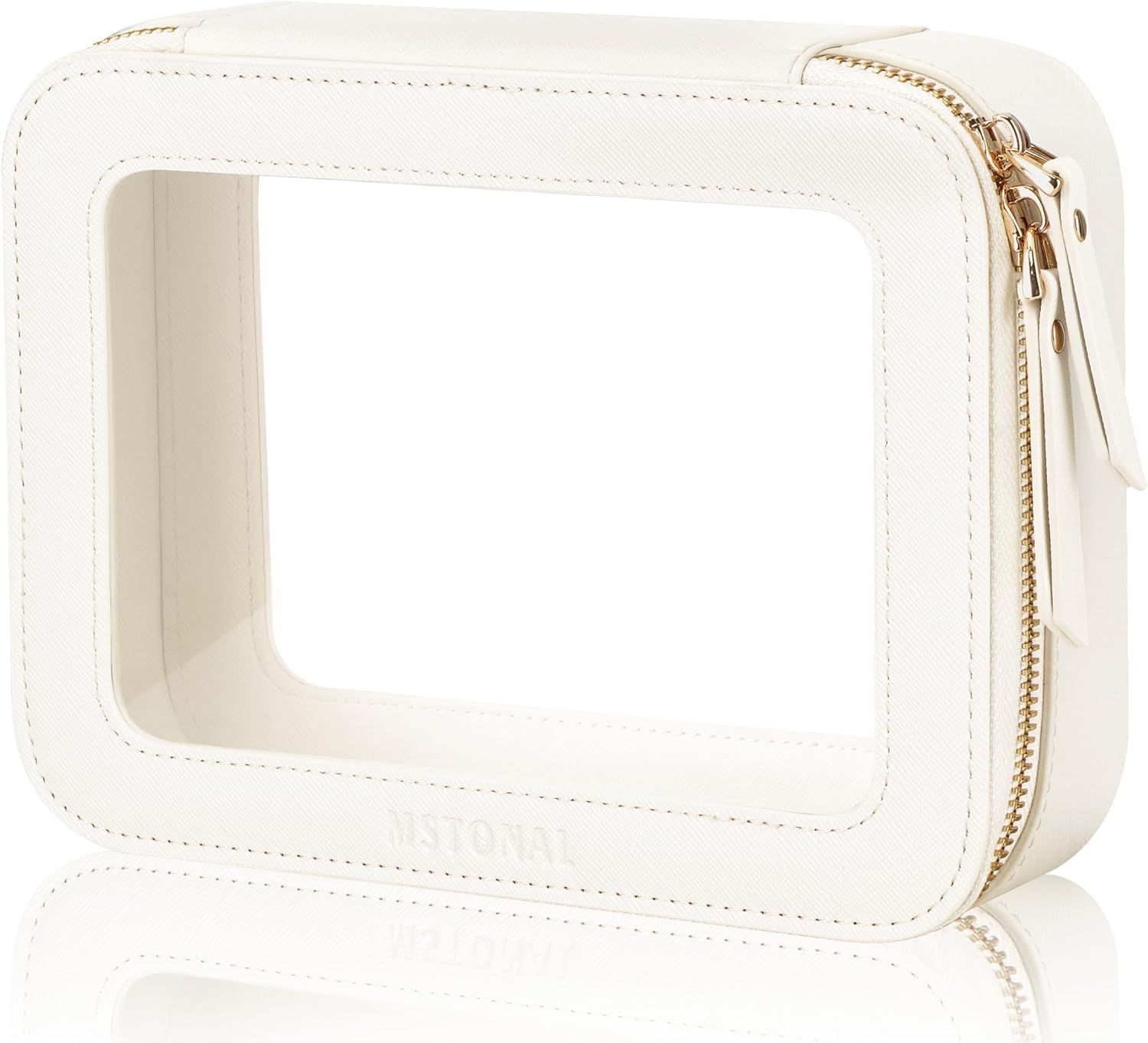 Clear Makeup Bag, Travel Toiletry Bag Cosmetic Case for Women, Waterproof Portable Make Up Skincare Pouch with Zipper, Compact Car Organizer Bag for Essentials, Medium Size, Ivory White