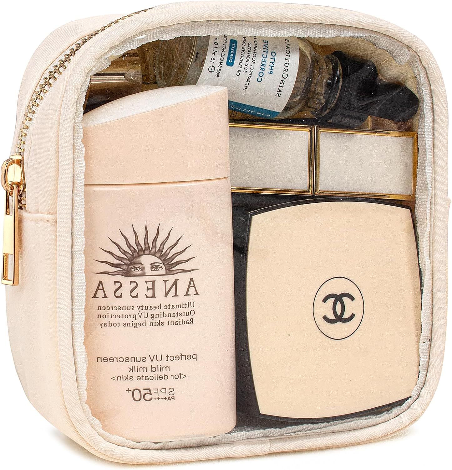 Small Clear Makeup Bag for Purse Small Cosmetic Bag Travel Size Toiletry Bags Cute Travel Makeup Bag,Coin Purse,Car Asscessories Organizer Storage Travel Essentials for Women Girls(Clear-Beige)