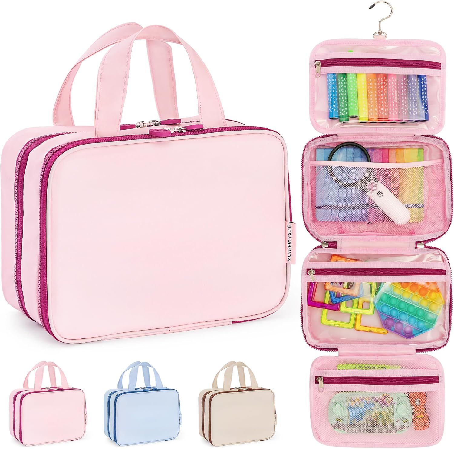 Kids Travel Organizer – Multi-Compartment, Water-Resistant Hanging Bag for Toys, Snacks, & Activities - Compact, Lightweight Design with Hook & Carry Handle - Perfect for Travel Use (Pink, Small)