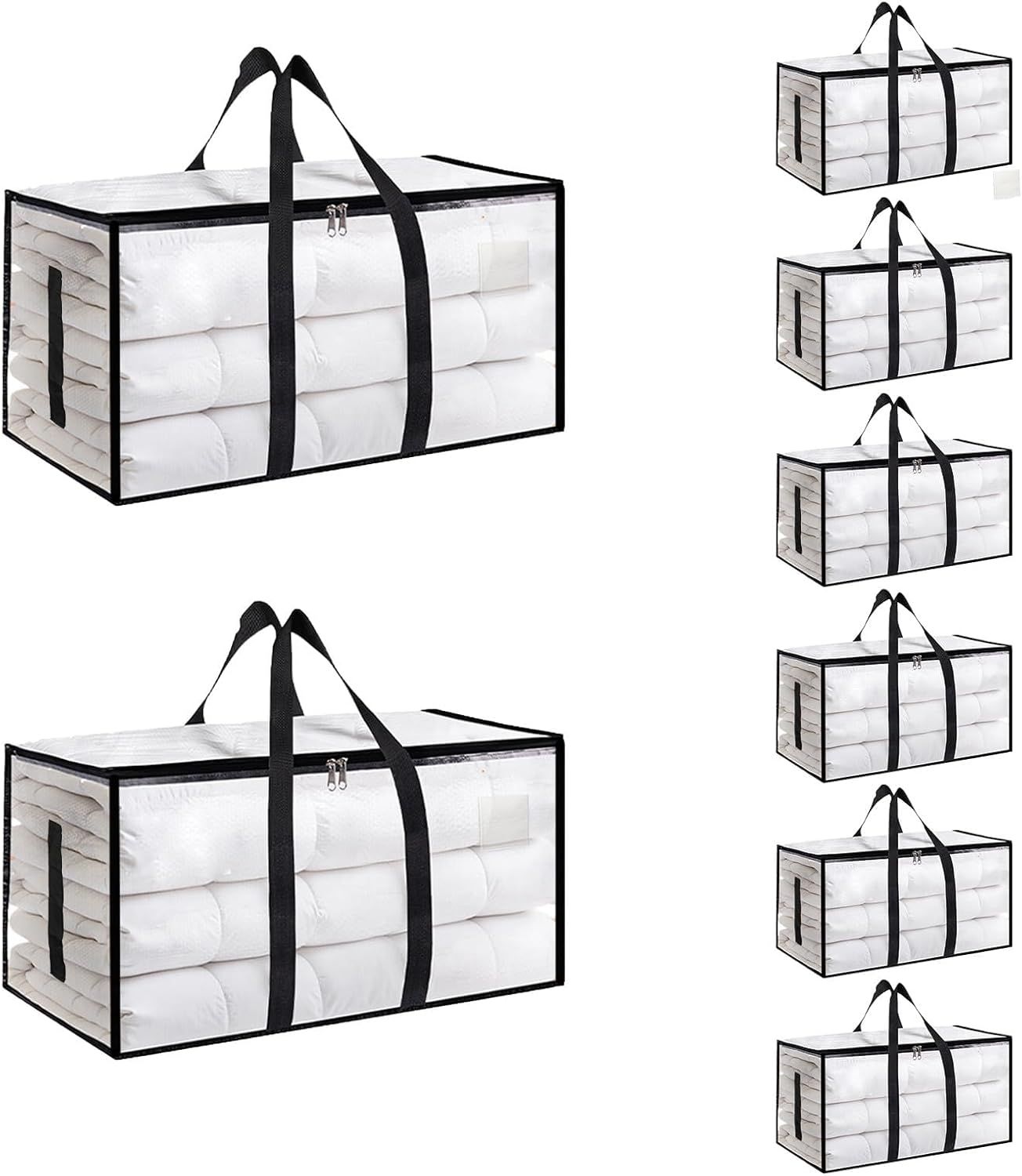 8 Pack-Extra Large Heavy Duty Moving Bags - Waterproof Storage Totes with Handles & Zippers, Foldable for College Dorm, Storage (Clear)