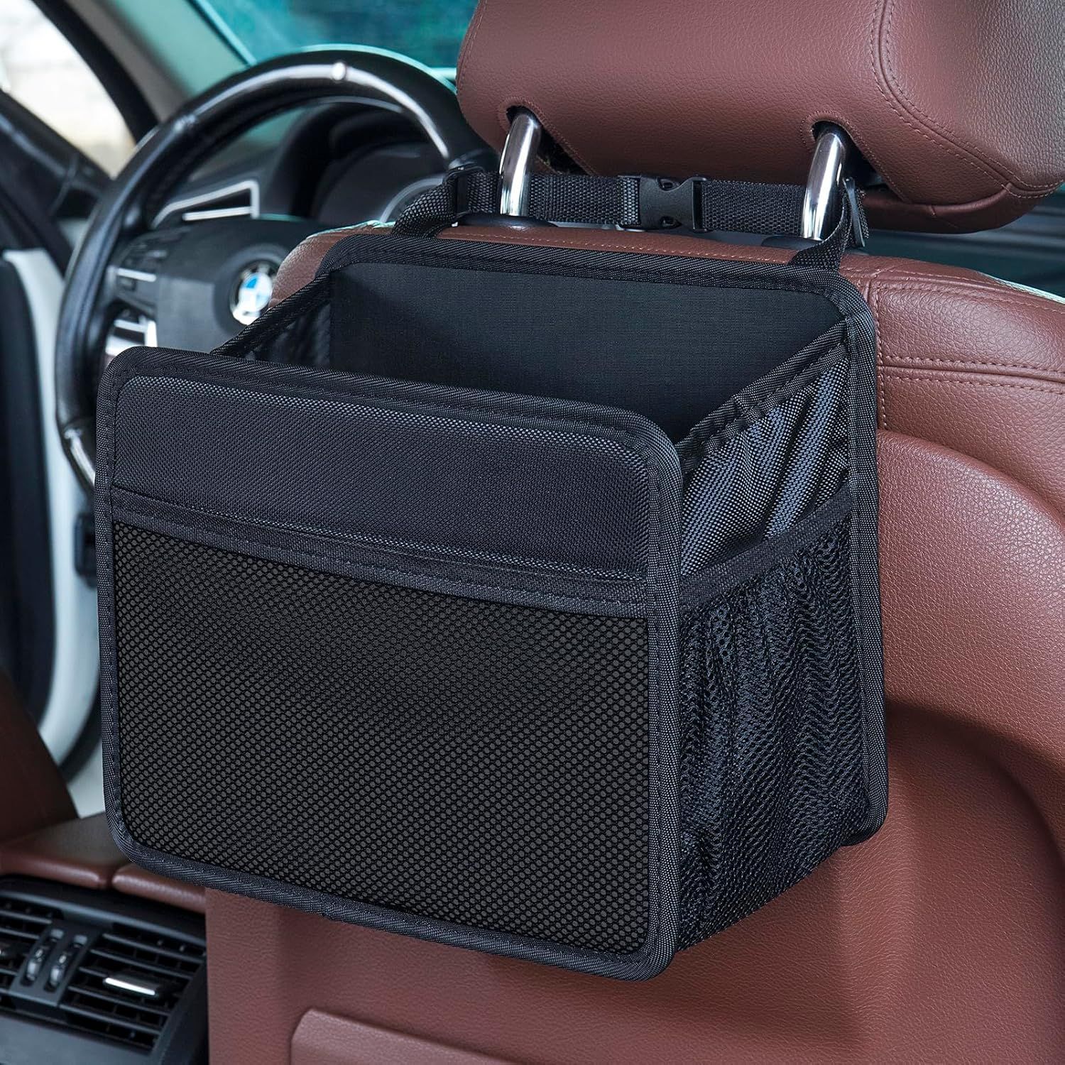 Car Seat Back Organizer Hanging Bag [2025 UPDATED] Foldable Backseat Storage Caddy with 5 Compartments & Adjustable Straps, Fits for Front/Back Headrest, Ultra-Durable - Black