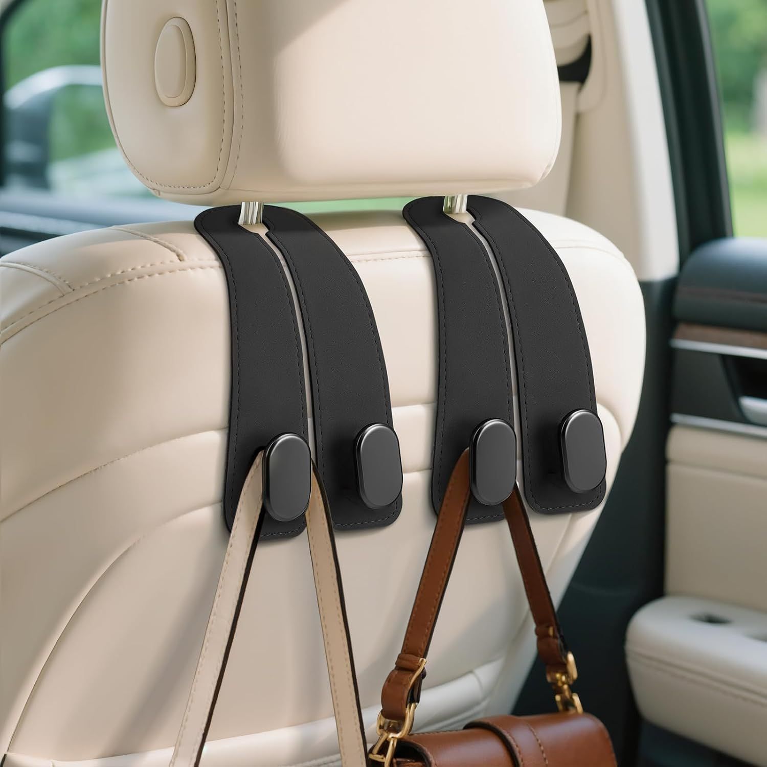 Car Seat Headrest Hooks - 2 Pack Universal Car Purse Hook, Leather Car Bag Purse Holder with Double Metal Hooks for Handbags, Grocery Bags, Bottles, Phones