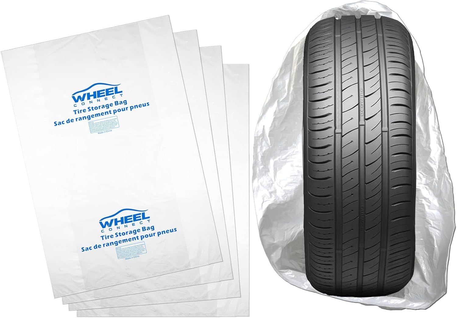 WHEEL CONNECT Tire Storage Bags. Made of Polyethylene LDPE Plastic, Large 38”X42”H, White, Pack of 4pcs. L.
