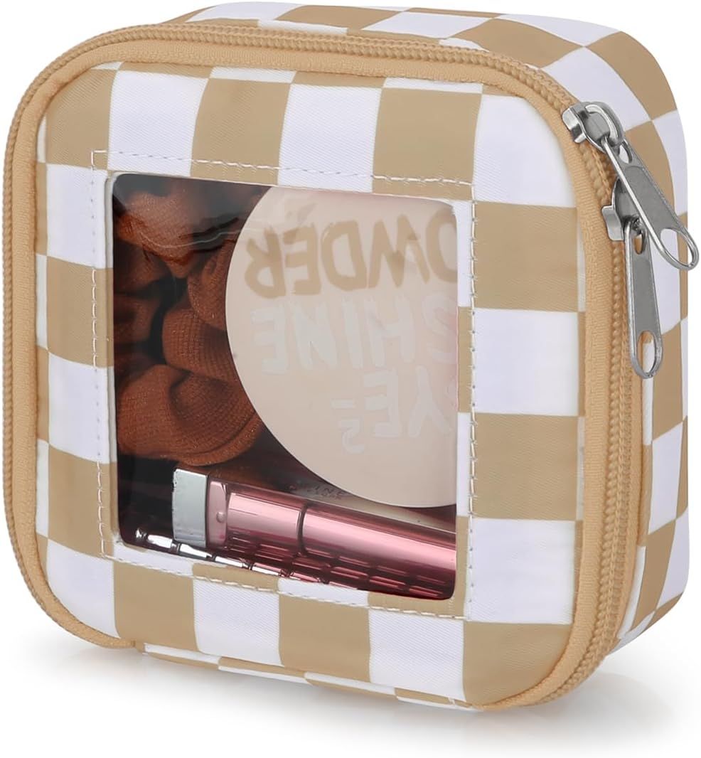 DOB SECHS Mini Checkered Bag for Purse 5.1'' x 5.1'' Small Makeup Bag for Car Cute Clear Cosmetic Bags with Zipper, Tiny Toiletry Bag Lipstick Organizer Pouch Travel Essentials Storage Pouch, Khaki