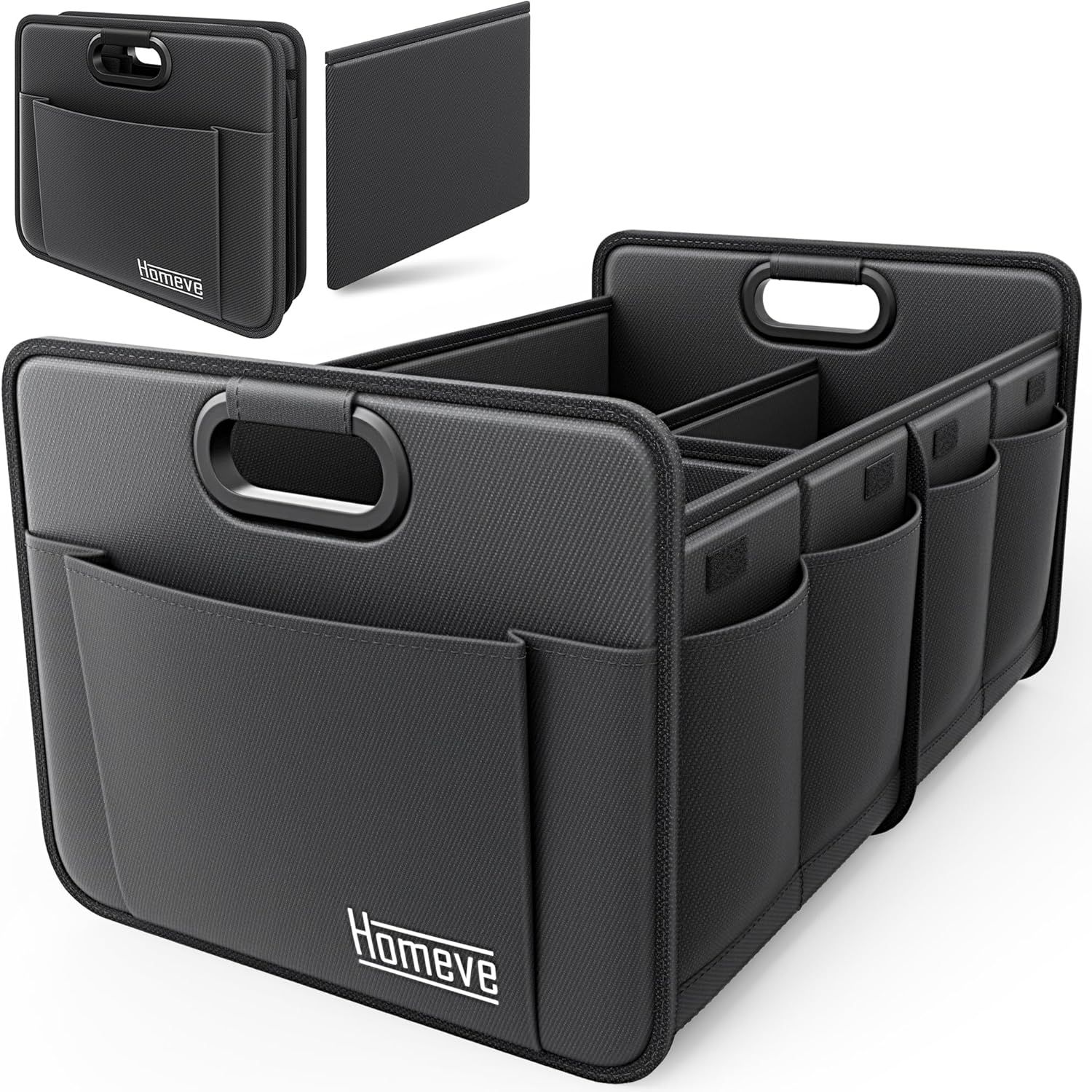 Homeve Trunk Organizer, Car Storage, Reinforced Handles, Collapsible Multi-Compartment, Foldable, Waterproof, Sturdy, 600D Oxford Polyester For Car, SUV, Mini-Van, Black, 2 Compart